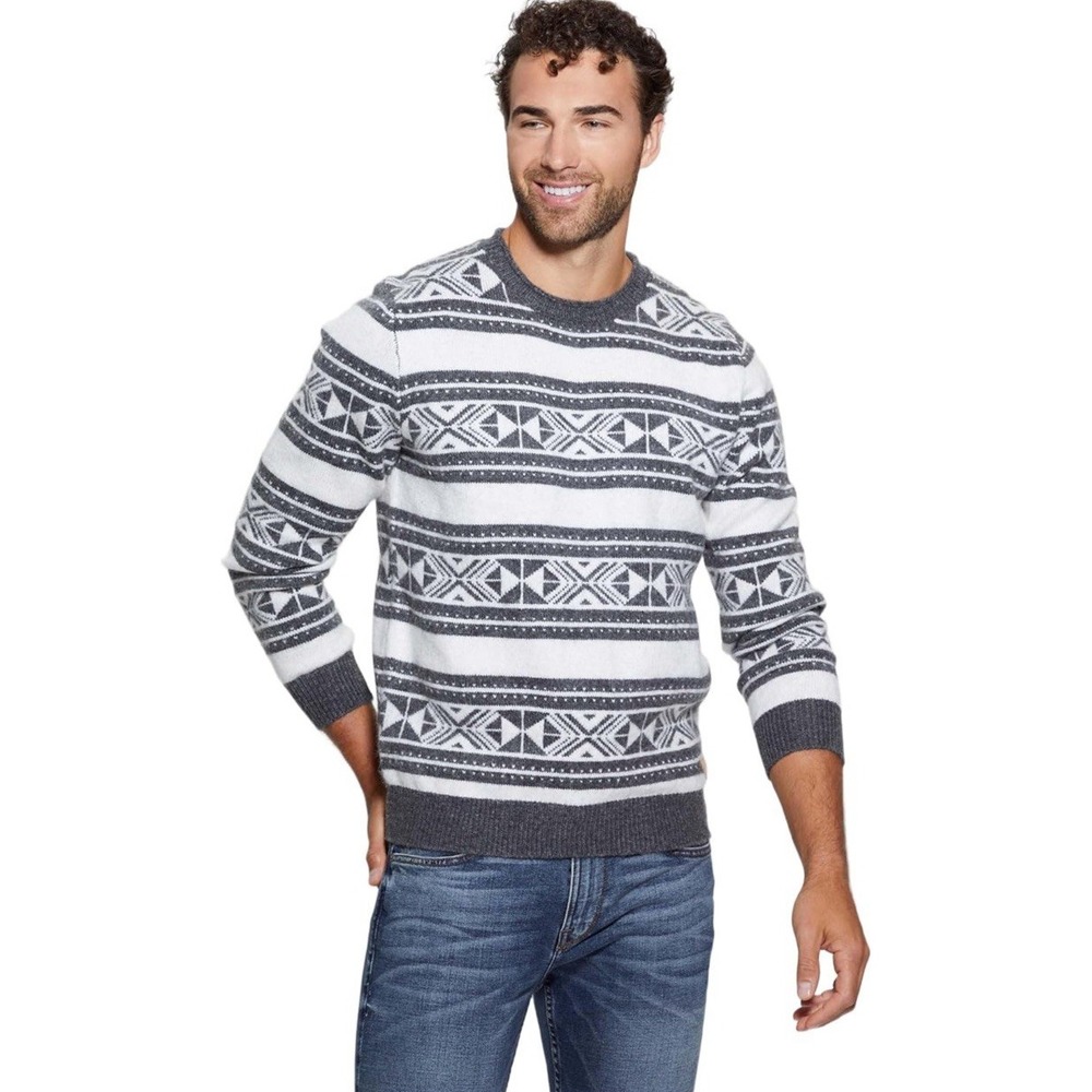 NWT Guess Men's Ezekiel Jacquard Sweater - Linen Dark Gray Ethnic Stripes - Sz L